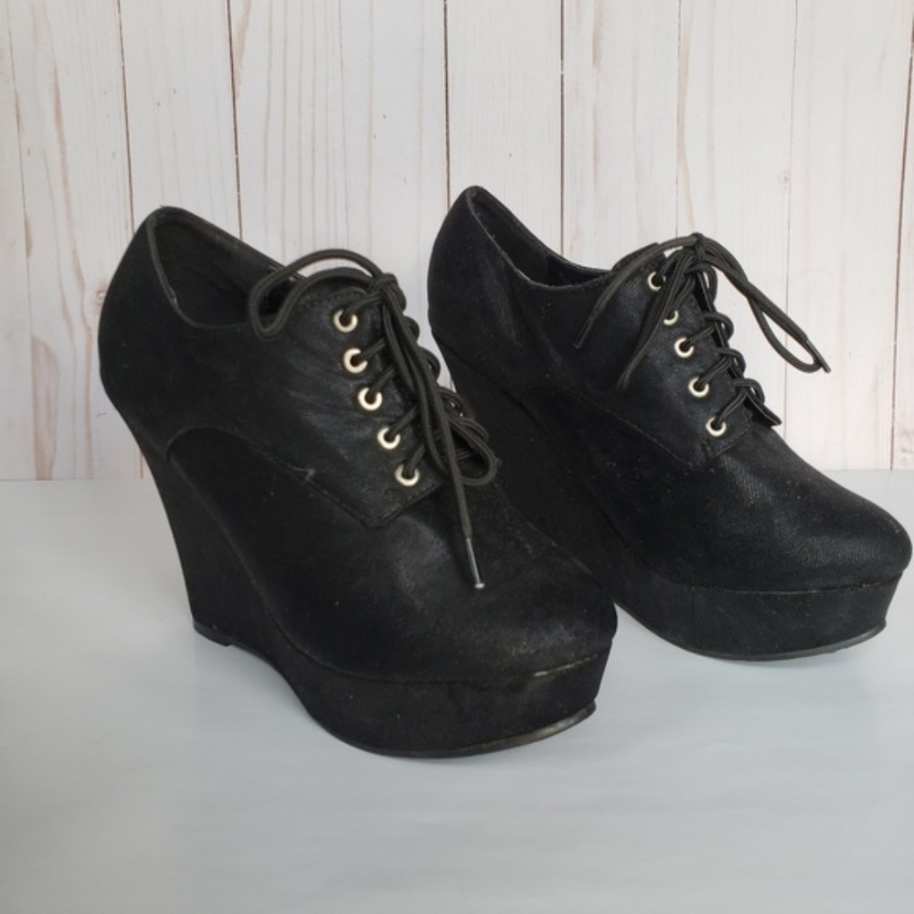 Mascotte Lace-up Platform Wedge Shoes Black Sz 7